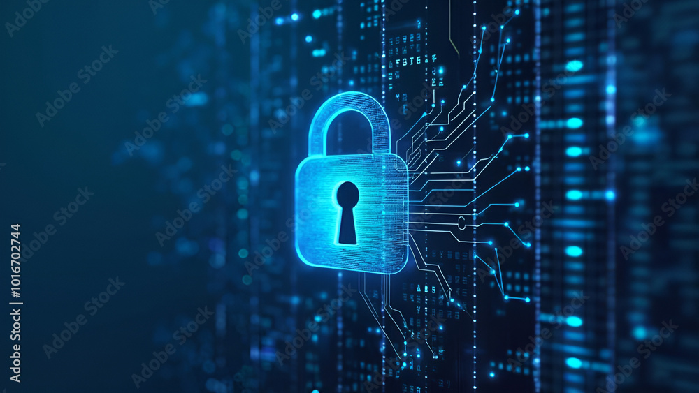 Digital padlock for computing system on dark blue background, cyber security technology for fraud prevention and privacy data network protection concept Digital padlock for computing system on dark blue background, cyber security technology for fraud prevention and privacy data network protection concept