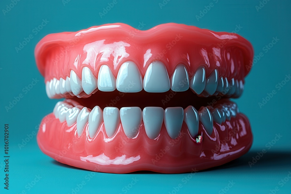 Obraz premium The dental model presents a striking representation of upper and lower teeth, highlighting the intricate arrangement and healthy appearance. The bright color contrast emphasizes the details of the gum