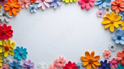 Vibrant Floral Frame with Colorful Paper Cut Flowers on Light Background