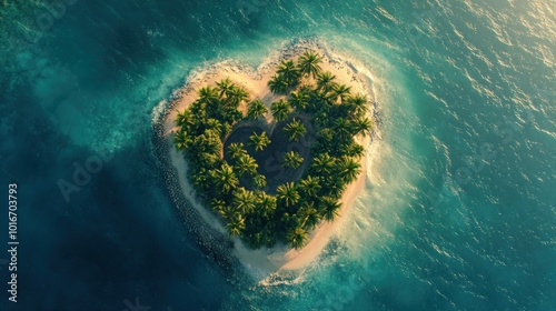 Aerial view of a heart-shaped island surrounded by turquoise waters and lush palm trees.