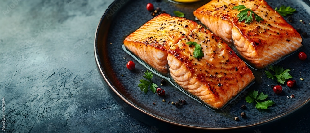 Juicy Salmon Fillet with Crispy Skin and Lemon Butter Gourmet Food Photography Concept Beautifully Plated Seafood Dish with Copy Space for Text or Recipe Juicy Salmon Fillet with Crispy Skin and Lemon Butter Gourmet Food Photography Concept Beautifully Plated Seafood Dish with Copy Space for Text or Recipe