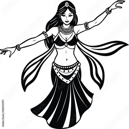 Belly dancing. Silhouette. Woman performing belly dancing silhouette vector illustration on white background