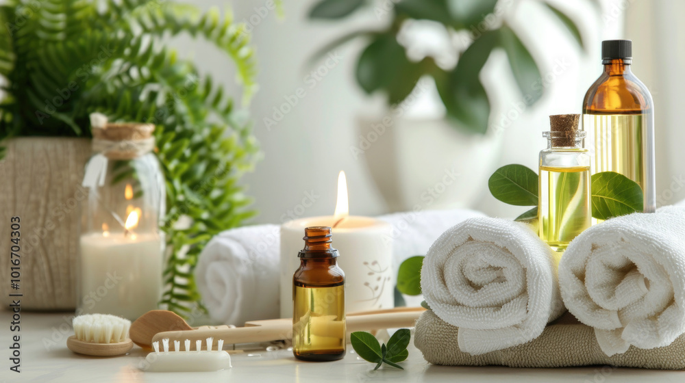 Spa Essentials with Aromatherapy Oils, Towels, and Candles in a Serene Natural Setting for Relaxation and Wellness Spa Essentials with Aromatherapy Oils, Towels, and Candles in a Serene Natural Setting for Relaxation and Wellness