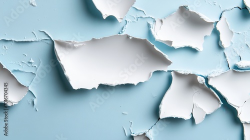 A visually compelling image showcasing peeling paint on a surface, illustrating an abstract artistic design with cracked texture on a soft blue background.