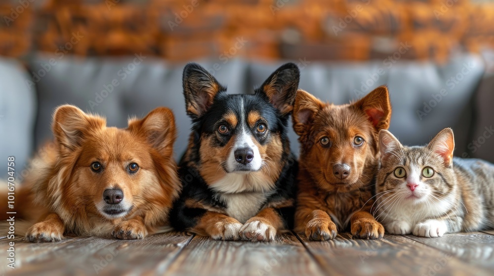 Four pets, two dogs and a cat, lying on a wooden floor looking at the camera. Four pets, two dogs and a cat, lying on a wooden floor looking at the camera.