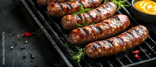 Sizzling charred sausage links grilled to perfection and served with a tangy mustard condiment on a rustic backdrop