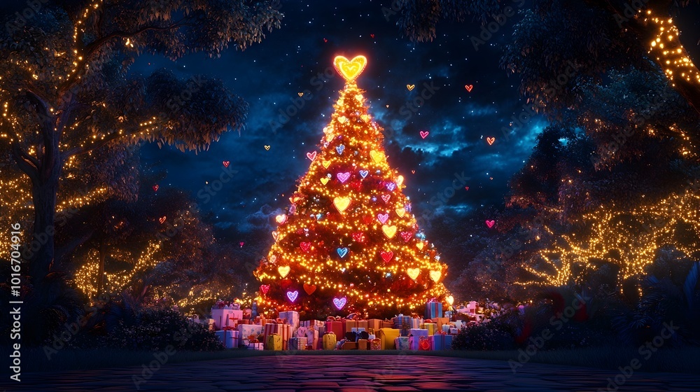 Illuminated Christmas Tree Glowing in Winter Wonderland Nightscape Illuminated Christmas Tree Glowing in Winter Wonderland Nightscape
