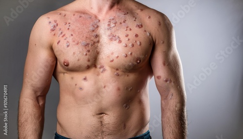 Man s Body with Scars and Keloids on Chest  Stomach  and Arms photo