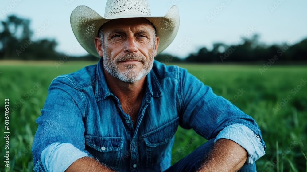 Fototapeta premium A seasoned cowboy with grey beard in a denim shirt sits thoughtfully in a grassy field, symbolizing wisdom, resilience, and connection to nature's plain beauty.
