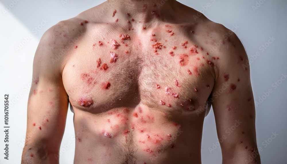 Man with Shingles Rash on Chest and Shoulders Man with Shingles Rash on Chest and Shoulders