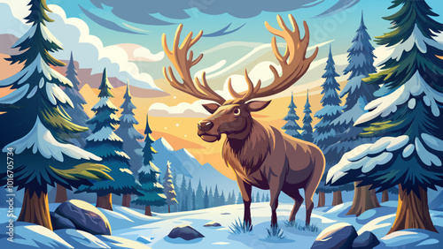 A large male moose with massive antlers standing in a snowy forest with pine trees in the background