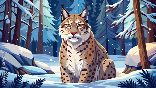 A lynx with a thick, spotted coat sitting on a snowy forest floor, looking alert and focused
