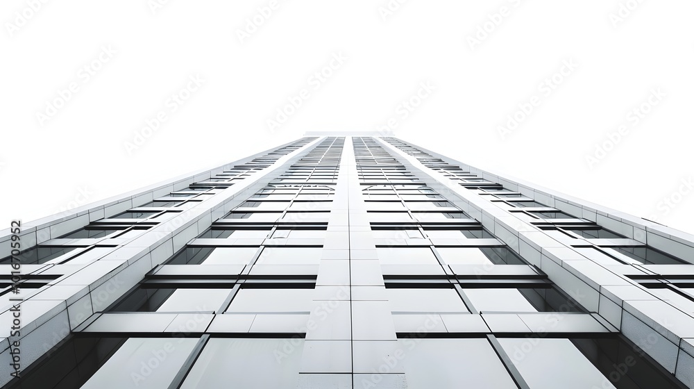 Towering Art Deco Skyscraper with Geometric Patterns and Bold Lines on White Background Towering Art Deco Skyscraper with Geometric Patterns and Bold Lines on White Background