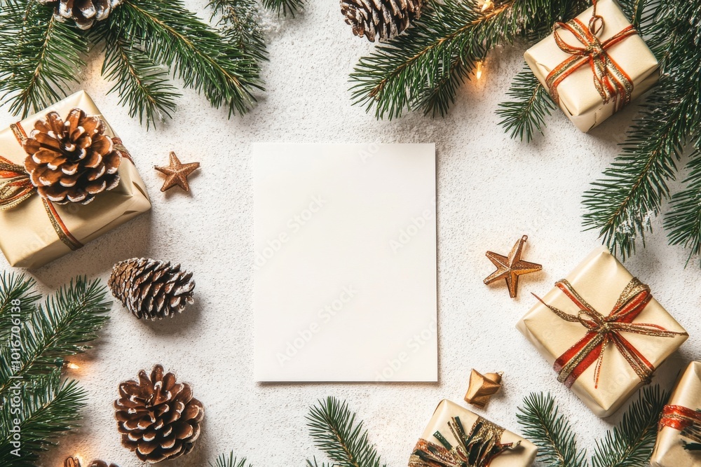 Christmas card mock-up with a Christmas tree branch and a postcard on white background. Copy space at top. Christmas background. Horizontal. Christmas card mock-up with a Christmas tree branch and a postcard on white background. Copy space at top. Christmas background. Horizontal.
