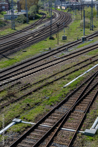 Obraz na płótnie Railway outdoors on beautiful summer day. Industrial landscape with rails and railway. w salonie