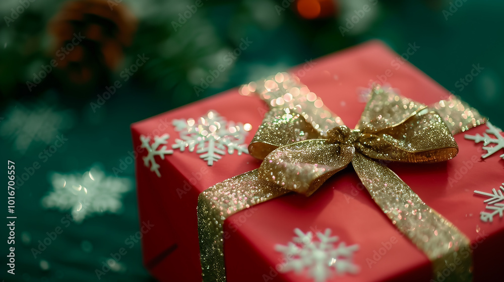 Red Christmas Gift Box with Snowflake and Gold Ribbon on Green Background
Red Christmas Gift Box with Snowflake and Gold Ribbon on Green Background