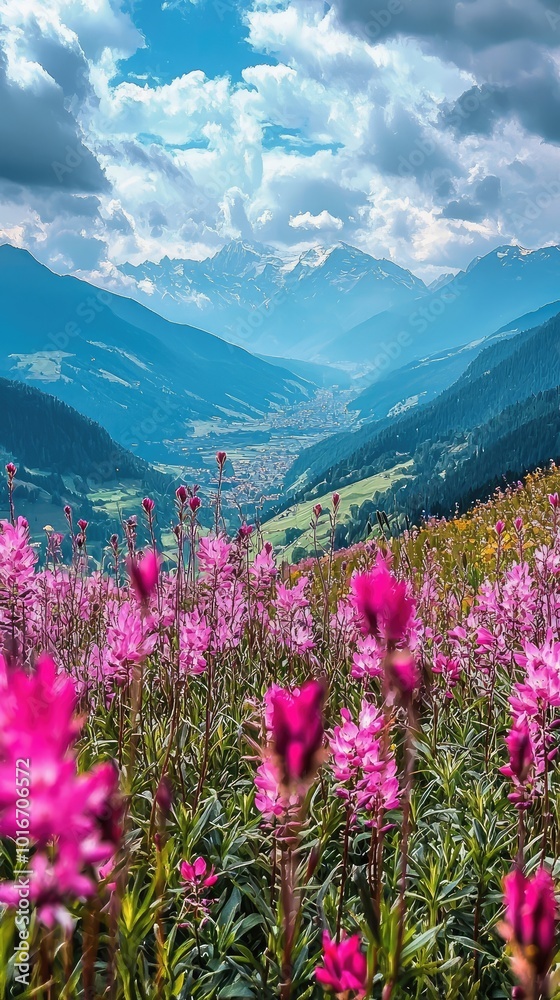Fototapeta premium Vibrant wildflowers bloom in a serene mountain valley, surrounded by majestic peaks and a breathtaking sky.