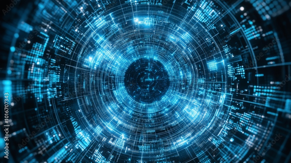 Luminous sci-fi circle circuit hud on gradient blue computer circuit background, rendered in 3D. Luminous sci-fi circle circuit hud on gradient blue computer circuit background, rendered in 3D.