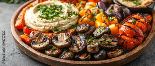 Colorful and Flavorful Grilled Vegetable Platter Served with Creamy Homemade Hummus a Delicious and Nutritious Vegetarian Appetizer or Side Dish