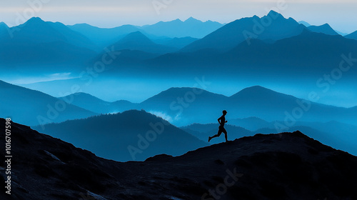 The runner's silhouette appeared against the sunrise as they trained for the challenge, running the mountain trail to the summit, embracing the panoramic view. trail, runner, silhouette, training