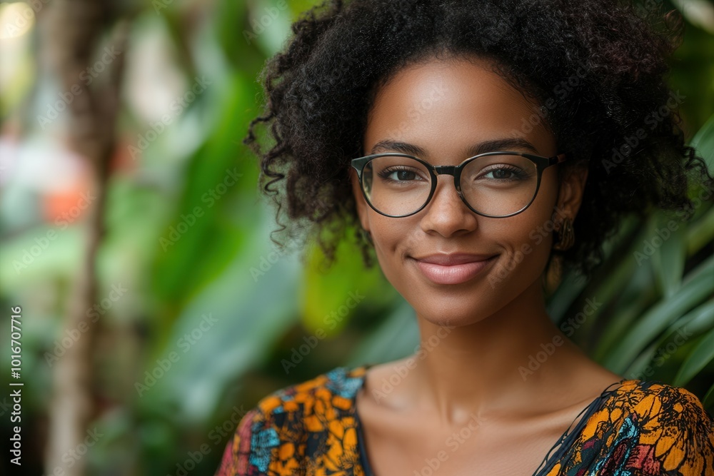 A young woman with curly hair and glasses stands outdoors, smiling confidently against a backdrop of vibrant green foliage. A young woman with curly hair and glasses stands outdoors, smiling confidently against a backdrop of vibrant green foliage.