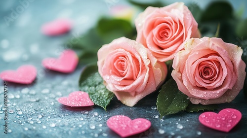 Three delicate pink roses with lush green leaves are arranged artfully among small pink heart decorations. The scene captures a romantic atmosphere enhanced by raindrops, perfect for expressing love o