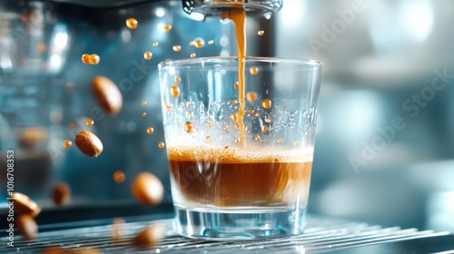 A close-up of freshly brewed espresso cascading into a clear glass, capturing the rich aroma and smooth texture, surrounded by flying coffee beans in motion. photo