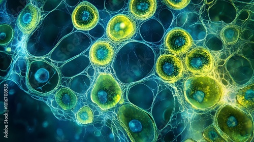 Detailed view of algae cells under a biological microscope, displaying intricate patterns in bright greens and blues.