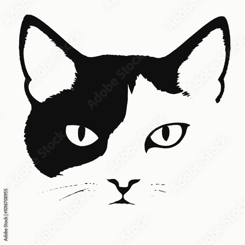 A close-up portrait of a black and white cat with piercing eyes 