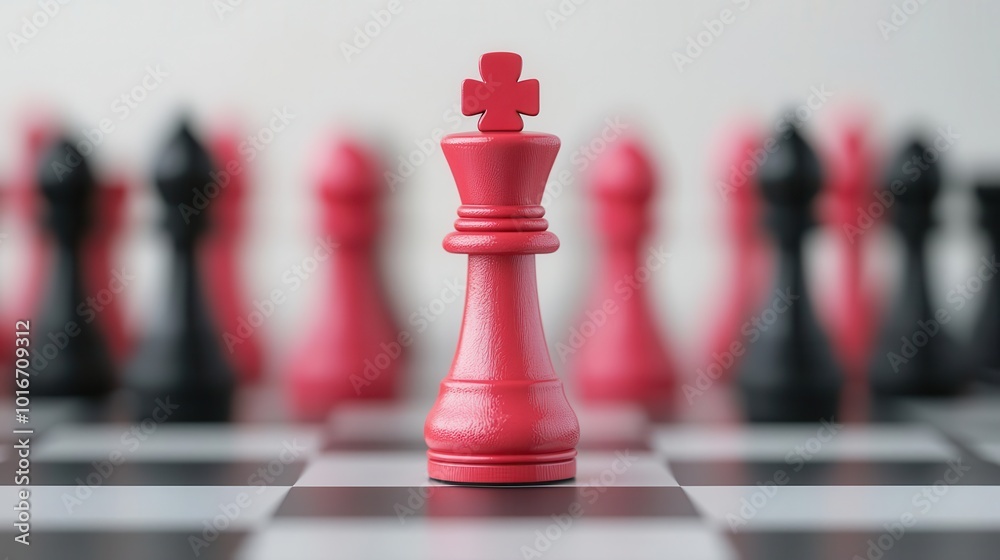 A striking red chess king stands boldly among black pieces on a checkerboard, symbolizing strategy and competition A striking red chess king stands boldly among black pieces on a checkerboard, symbolizing strategy and competition