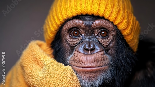 A chimpanzee is comfortably wrapped in a yellow towel, wearing a matching knit hat, gazing thoughtfully. The warm colors create a cozy, inviting atmosphere. photo