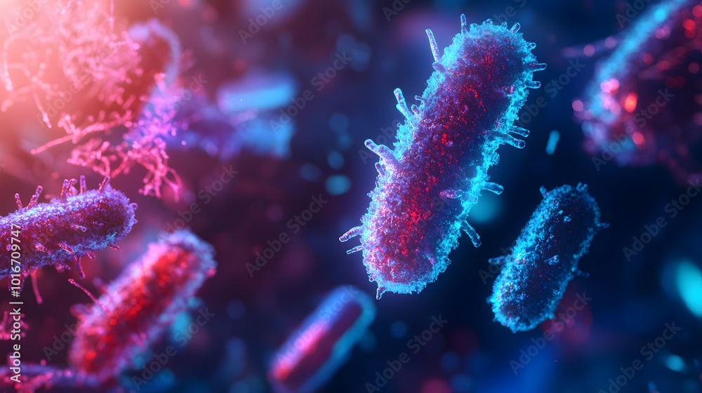 Detailed close-up of bacteria under a biological microscope, glowing in shades of blue and red.