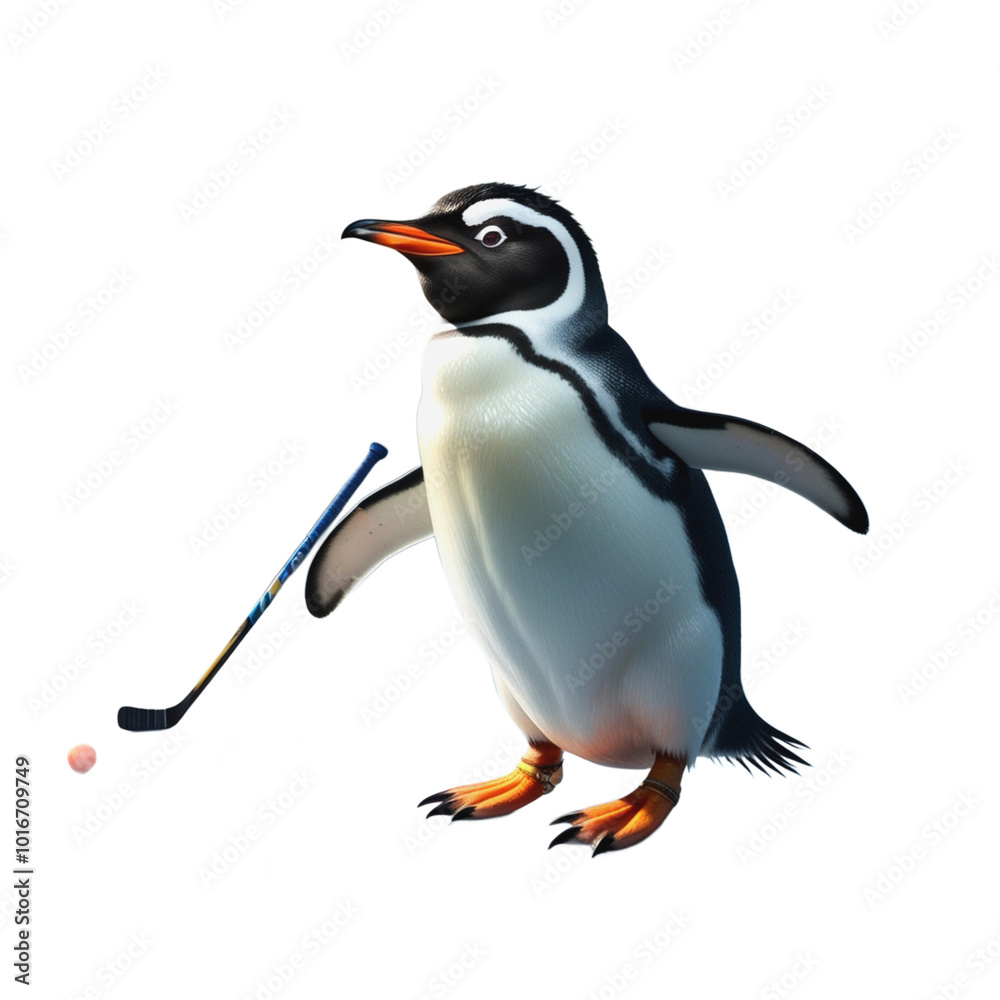Obraz premium Isolated penguin on white playing with sticks and ball, generative Ai content 