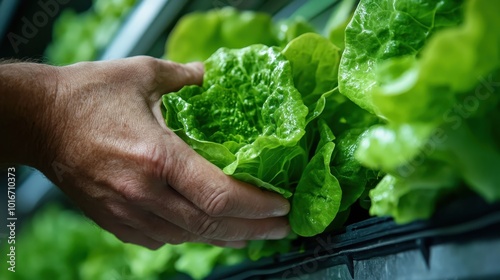 A hand gently cradles a lush, vibrant lettuce plant, examining its fresh and healthy leaves, emphasizing care, growth, and the connection between human and nature. photo