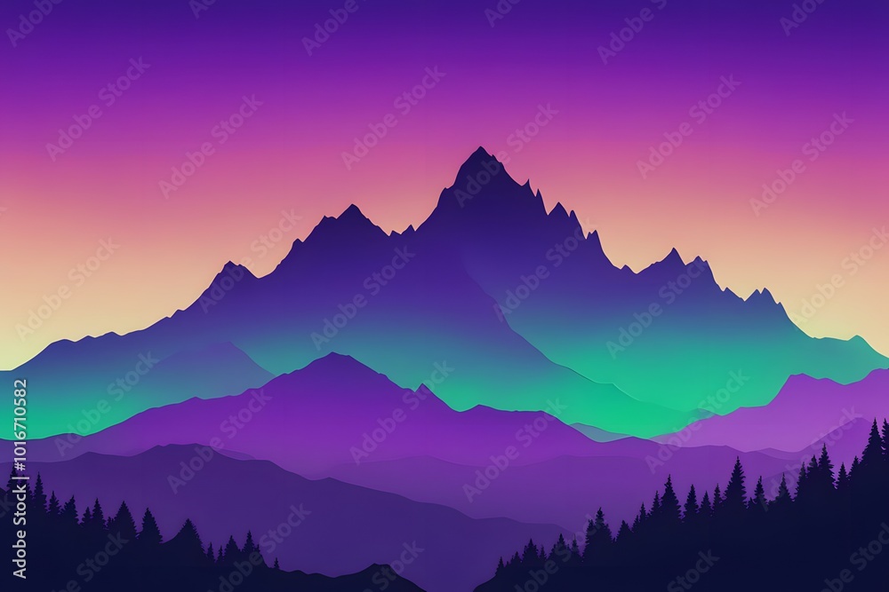 Fototapeta premium A jagged mountain silhouette against a vibrant gradient of green and purple, Ai Generated