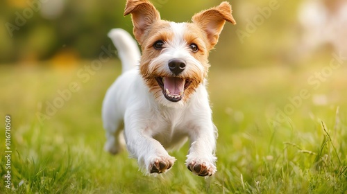 A dog running joyfully through a park with its owner on a sunny Sunday, Sunday dog walk, pet happiness