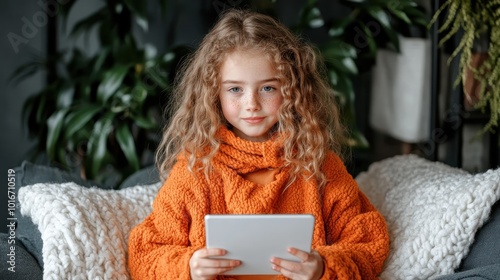 A curly-haired girl wearing an orange sweater holding a tablet, sitting comfortably in a cozy setting with natural decor elements like plants and soft cushions. photo