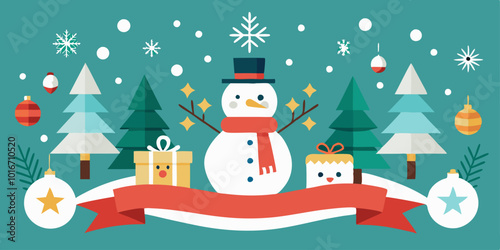 Un muñeco de nieve con bufanda roja rodeado de árboles de Navidad, regalos y adornos festivos, en un estilo alegre y colorido que evoca el espíritu navideño.

