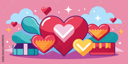 Corazones de diferentes tamaños y colores, acompañados de nubes y destellos, decoran esta escena romántica en tonos rosados. El diseño transmite amor y alegría.

