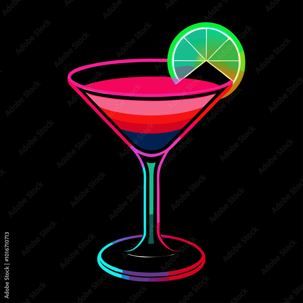 Un cóctel con un gradiente de colores brillantes, decorado con una rodaja de lima. El estilo neón y el fondo oscuro resaltan el contraste entre los colores vibrantes de la bebida.

