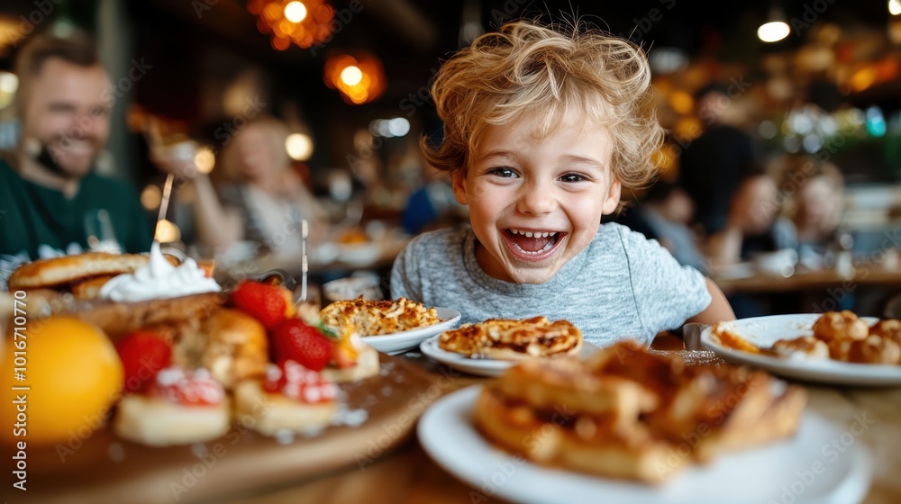 A joyful child surrounded by a vibrant buffet table at a lively gathering, symbolizing innocence, happiness, and the wonder of shared meals and celebration. A joyful child surrounded by a vibrant buffet table at a lively gathering, symbolizing innocence, happiness, and the wonder of shared meals and celebration.