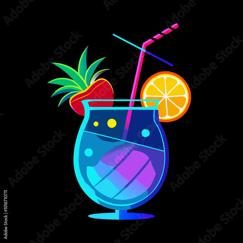 Un cóctel con pajilla, adornado con una fresa, una rodaja de piña y otra de naranja, presentado en un estilo colorido sobre un fondo oscuro.

