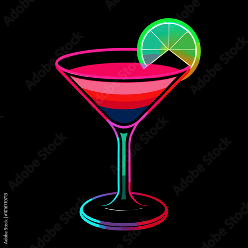 Un cóctel con un gradiente de colores brillantes, decorado con una rodaja de lima. El estilo neón y el fondo oscuro resaltan el contraste entre los colores vibrantes de la bebida.

