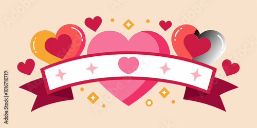 Una cinta decorativa con corazones y pequeños destellos, con un gran corazón central en tonos rosados y rojos. El estilo alegre y amoroso resalta el tema romántico.


