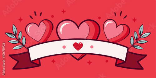 Tres corazones decoran una cinta en tonos rosados y rojos, con ramas de hojas y detalles festivos en un estilo alegre sobre un fondo rojo.

