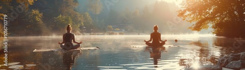 Yoga practitioners meditating by a serene lake, wellness, mindfulness