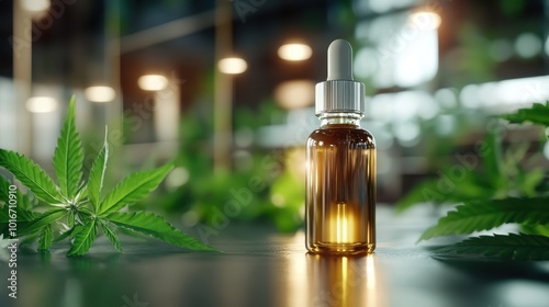 A single amber glass dropper bottle is elegantly placed on a table surrounded by lush green cannabis leaves, creating a peaceful, natural ambiance.