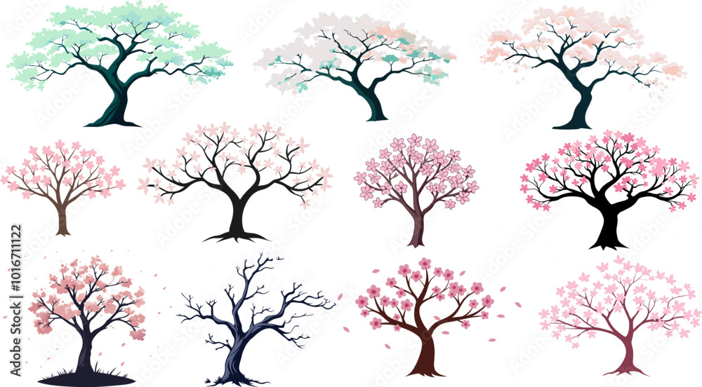 Collection of stylized sakura trees, showcasing the beauty and variety of this iconic asian tree. Asian set with cherry blossom tree in silhouette.