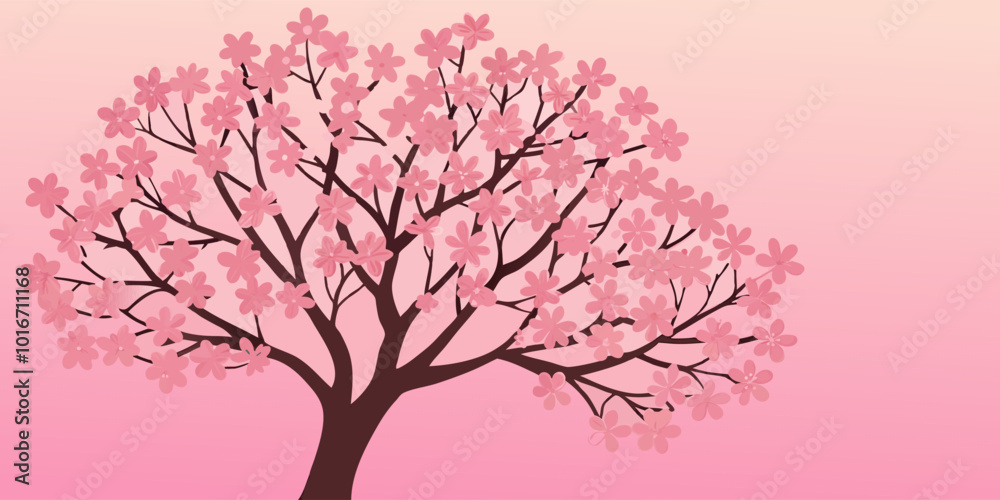 Fototapeta premium Asian background with sakura blossom tree in silhouette. Stylized cherry tree with pink flowers blooming on its branches while petals are flying in the wind.