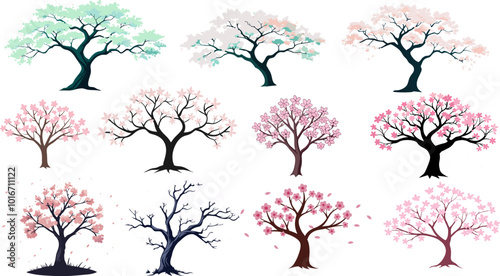 Collection of stylized sakura trees, showcasing the beauty and variety of this iconic asian tree. Asian set with cherry blossom tree in silhouette.